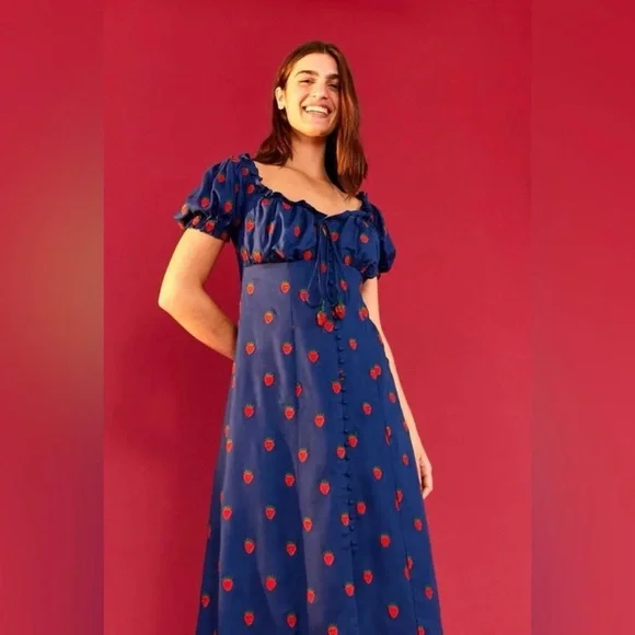 UPDATED! FARM Rio Navy and Red Midi Strawberry Dress - Picture 1 of 11